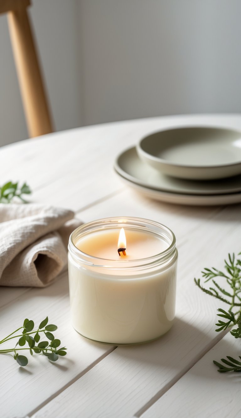 A hand-poured soy candle in a glass jar on a wooden table with a linen napkin and a ceramic plate nearby.