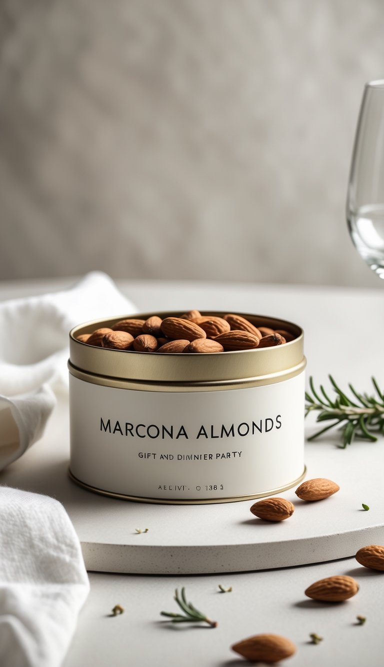 A tin of Marcona almonds on a light surface with a wine glass and a white napkin in the background.