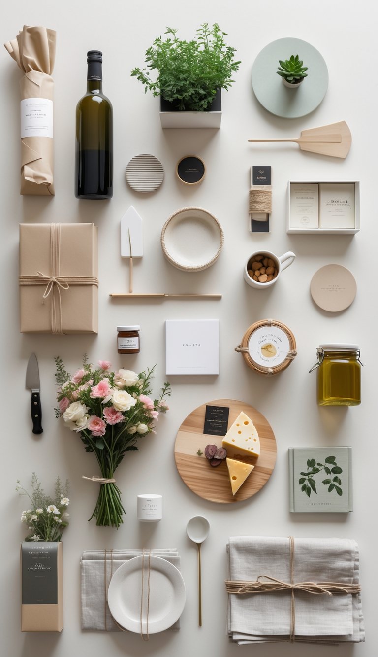 A neatly arranged assortment of 13 elegant dinner party gifts on a clean surface, including wine, chocolates, a potted herb, coasters, a candle, cheese board, jam, flowers, olive oil, a mug, tea, napkins, and a cookbook.