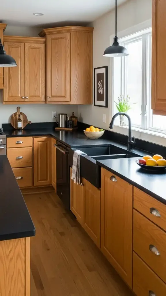 7) Honey-toned oak with black countertops