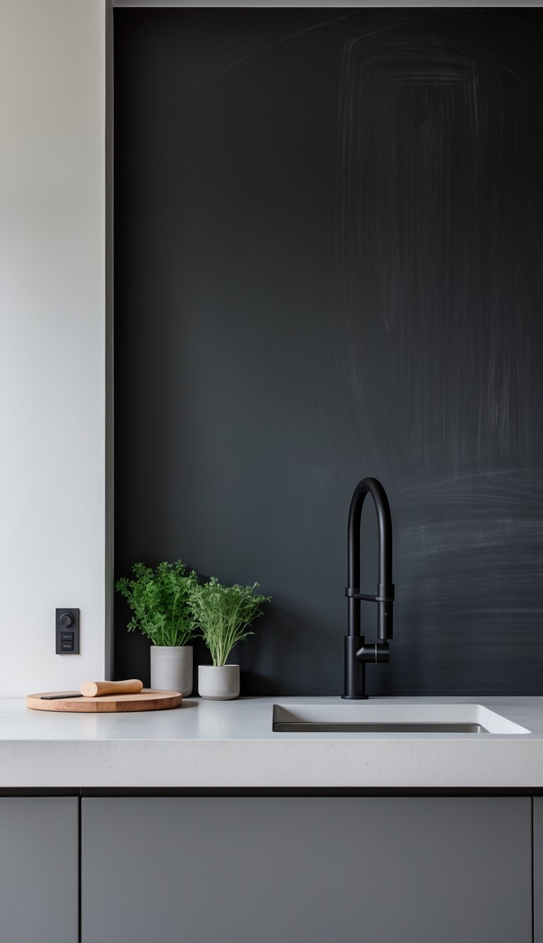 17 Backsplash Alternatives for a Stylish Kitchen Wall That Wow Your Guests 5 Modern kitchen countertop with a dark chalkboard wall in the background and minimal kitchen accessories on the counter.