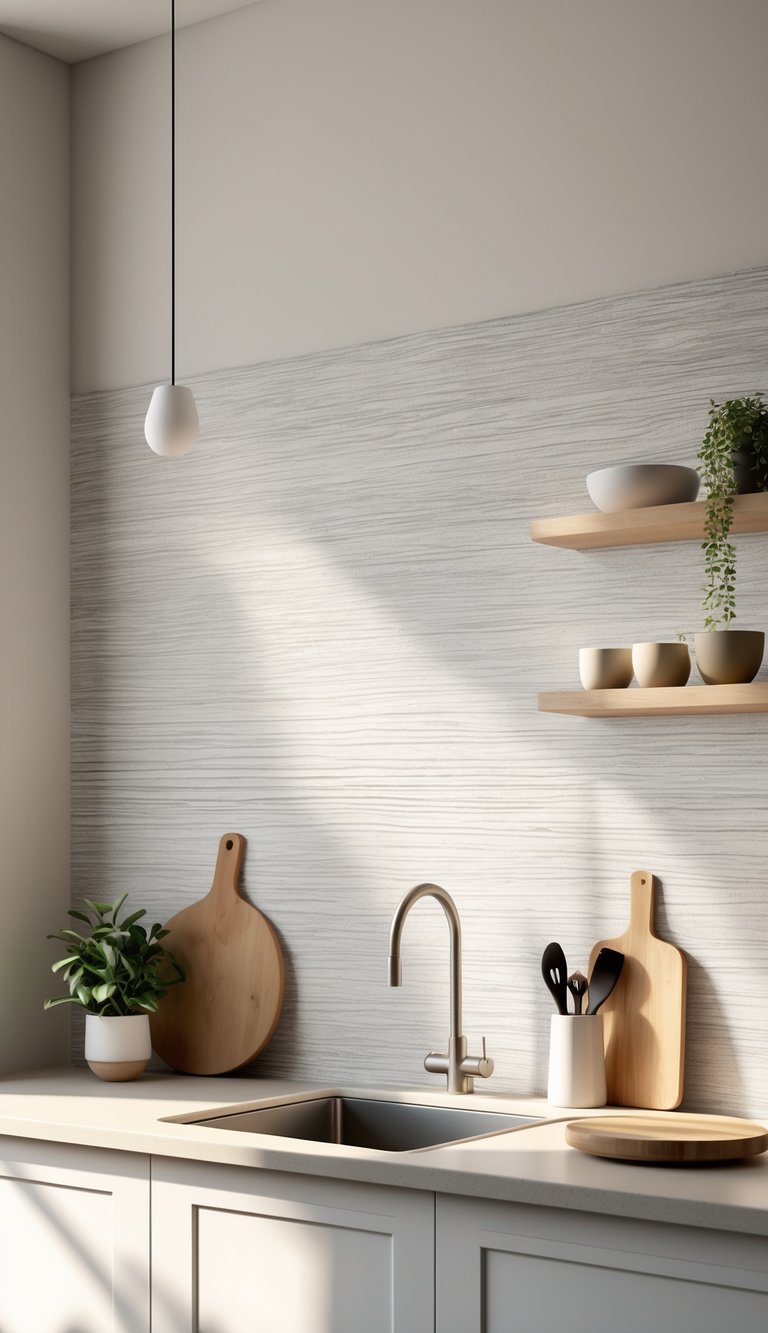 17 Backsplash Alternatives for a Stylish Kitchen Wall That Wow Your Guests 6 A modern kitchen wall with a peel-and-stick wallpaper backsplash, a countertop with a plant, cutting board, and utensils.