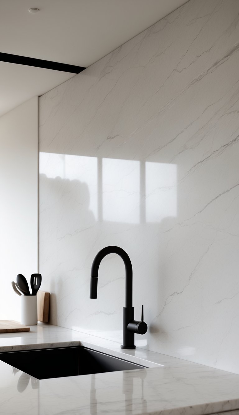 17 Backsplash Alternatives for a Stylish Kitchen Wall That Wow Your Guests 8 A modern kitchen wall with a polished marble slab backsplash behind a countertop with a faucet and kitchen utensils.