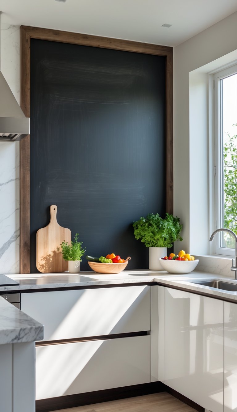 A modern kitchen with a large empty chalkboard wall, white cabinets, marble countertop, and kitchen items like a cutting board and fresh herbs.