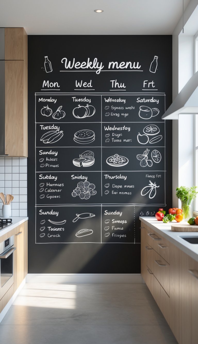 A kitchen with a large chalkboard wall used for weekly menu planning, featuring food illustrations and a clean countertop with vegetables and utensils.