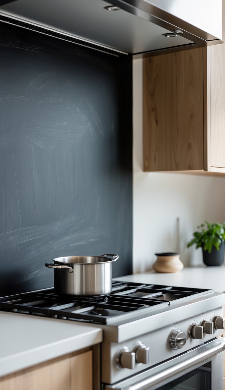 A kitchen stove with a black chalkboard backsplash and light wooden cabinets.