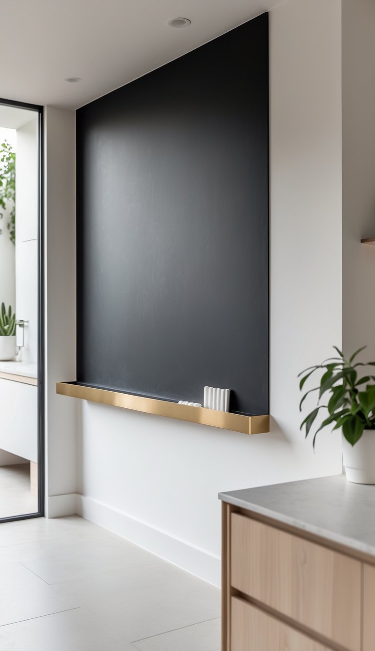 A kitchen wall with a half-height black chalkboard and a brass rail holding pieces of chalk beneath it.