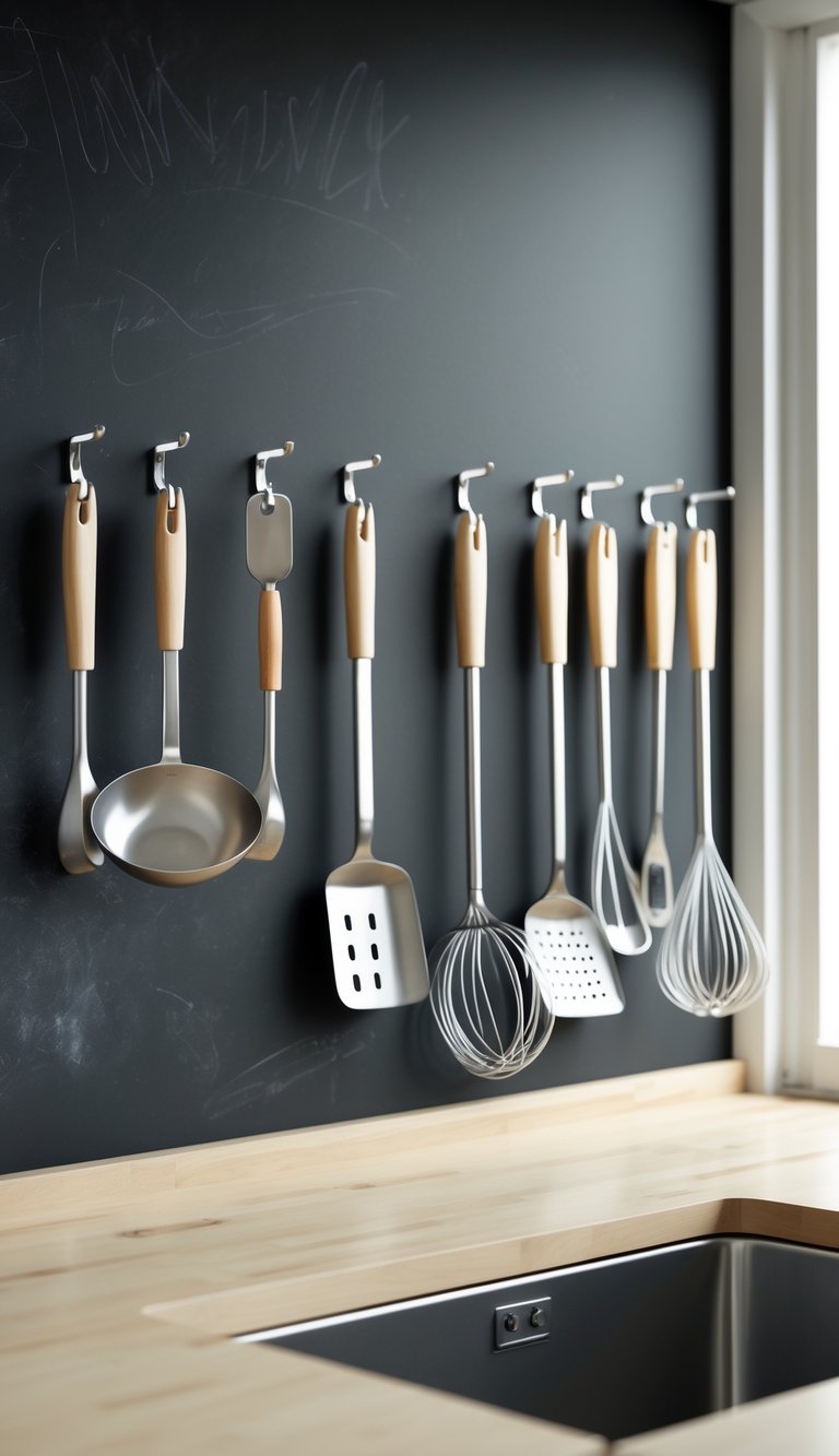 A kitchen wall painted with a black chalkboard surface featuring metal hooks holding various hanging kitchen utensils.