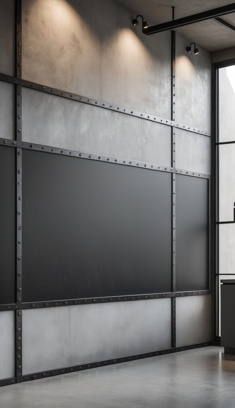A clean kitchen with a large black chalkboard wall framed by metal accents and modern countertops.