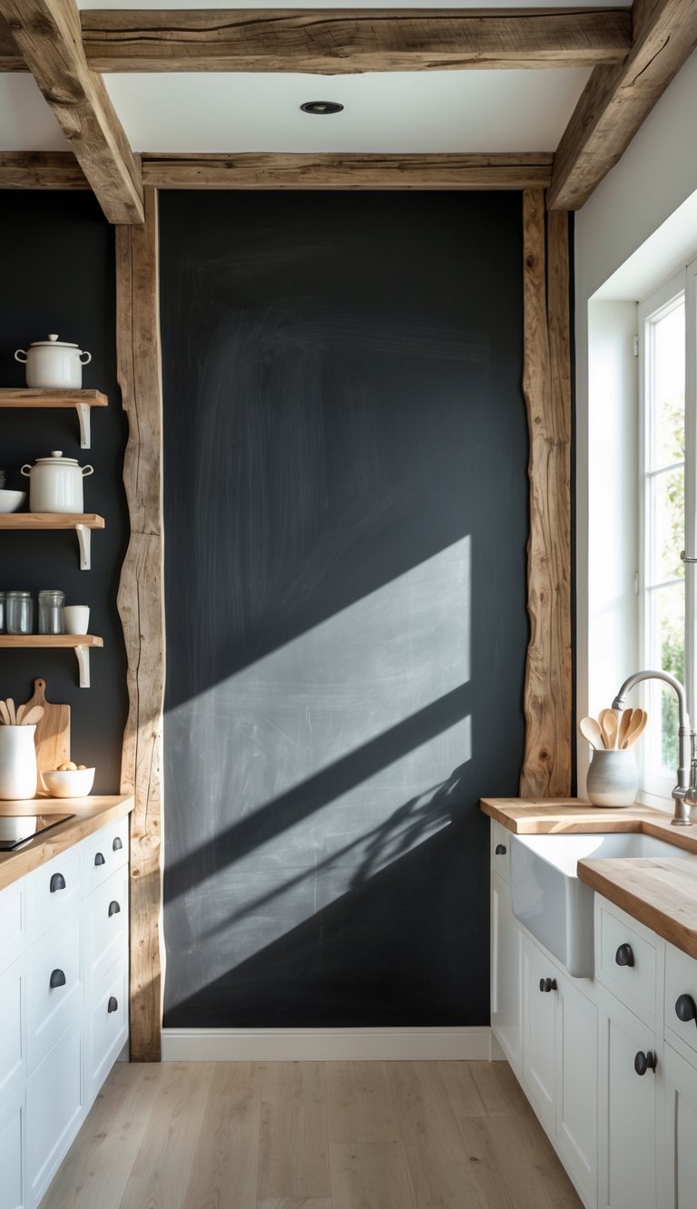 A farmhouse kitchen with a large blank chalkboard wall framed by rustic wood trim, white cabinets, wooden countertop, and natural light coming through a window.