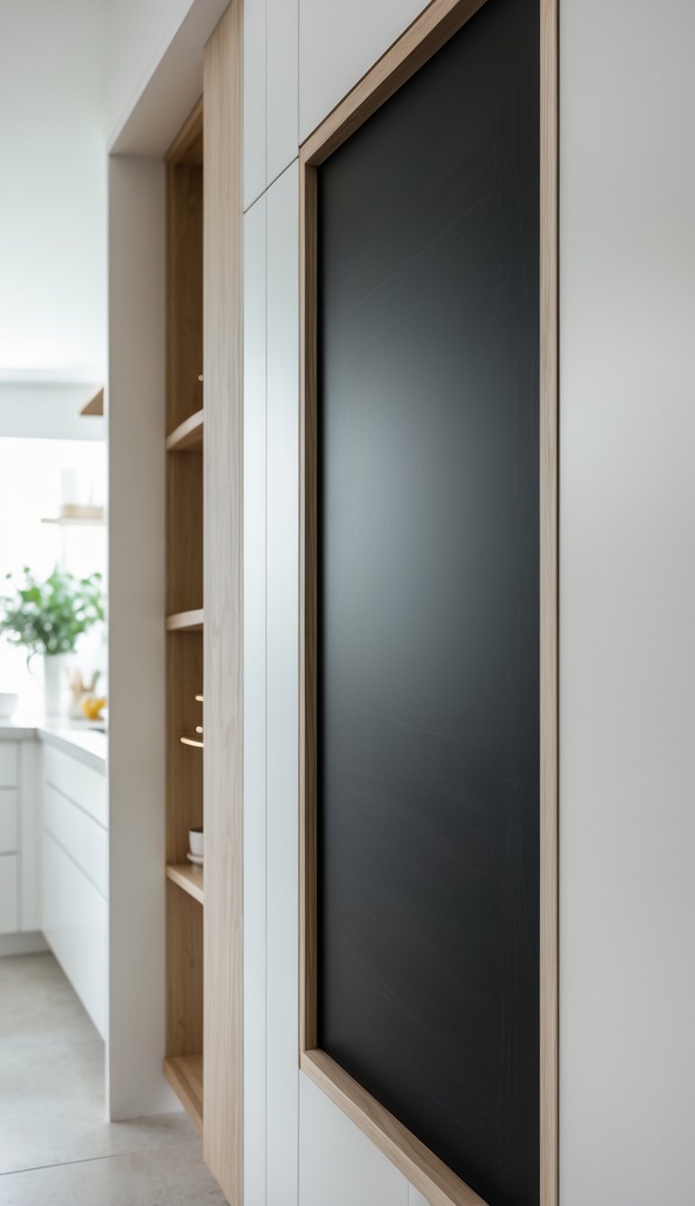 Open pantry door with a built-in black chalkboard panel inside a modern kitchen.