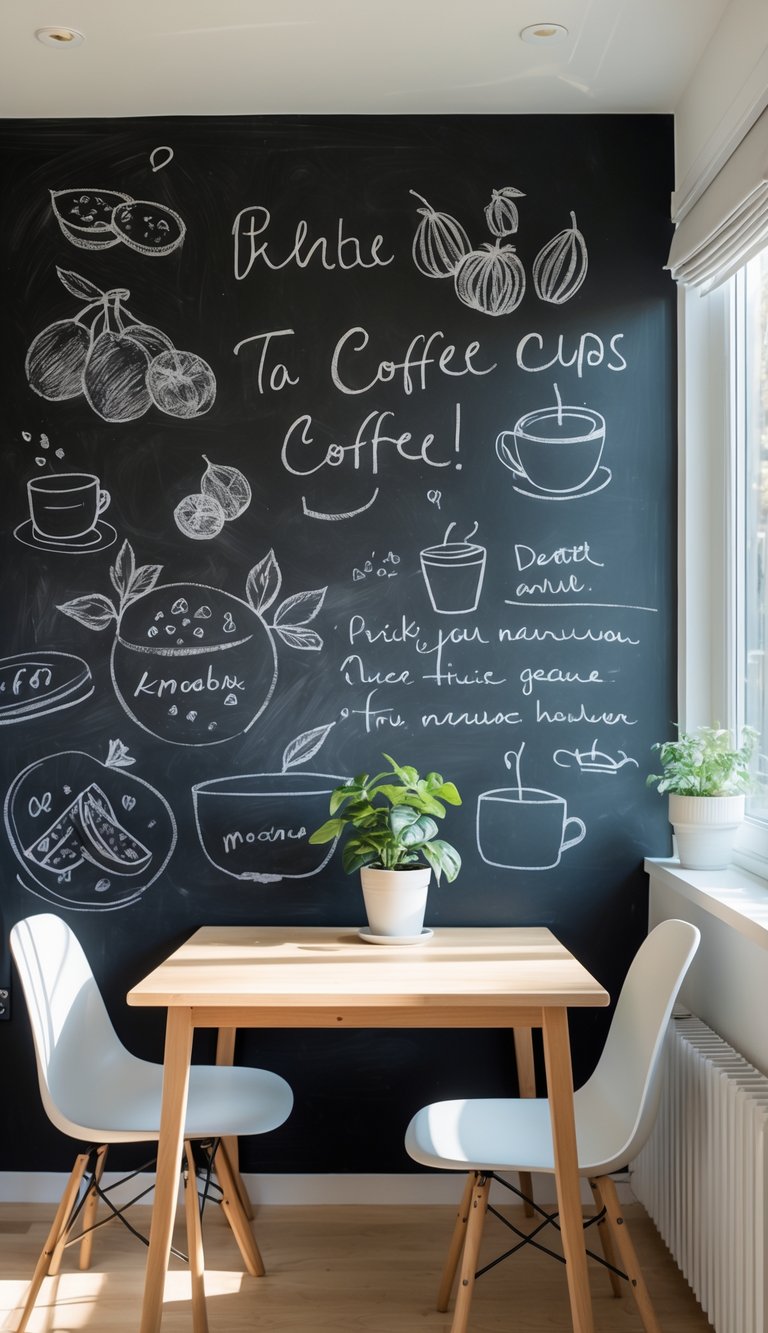 A kitchen breakfast nook with a wooden table, two chairs, a potted plant, and a large chalkboard wall covered in drawings and notes.