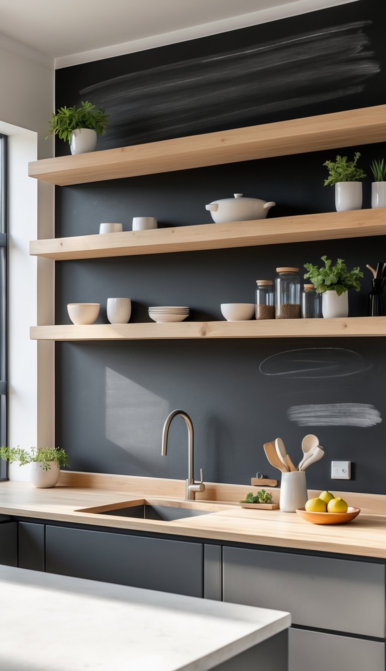 A kitchen with a large chalkboard wall and open wooden shelves holding dishes and plants.