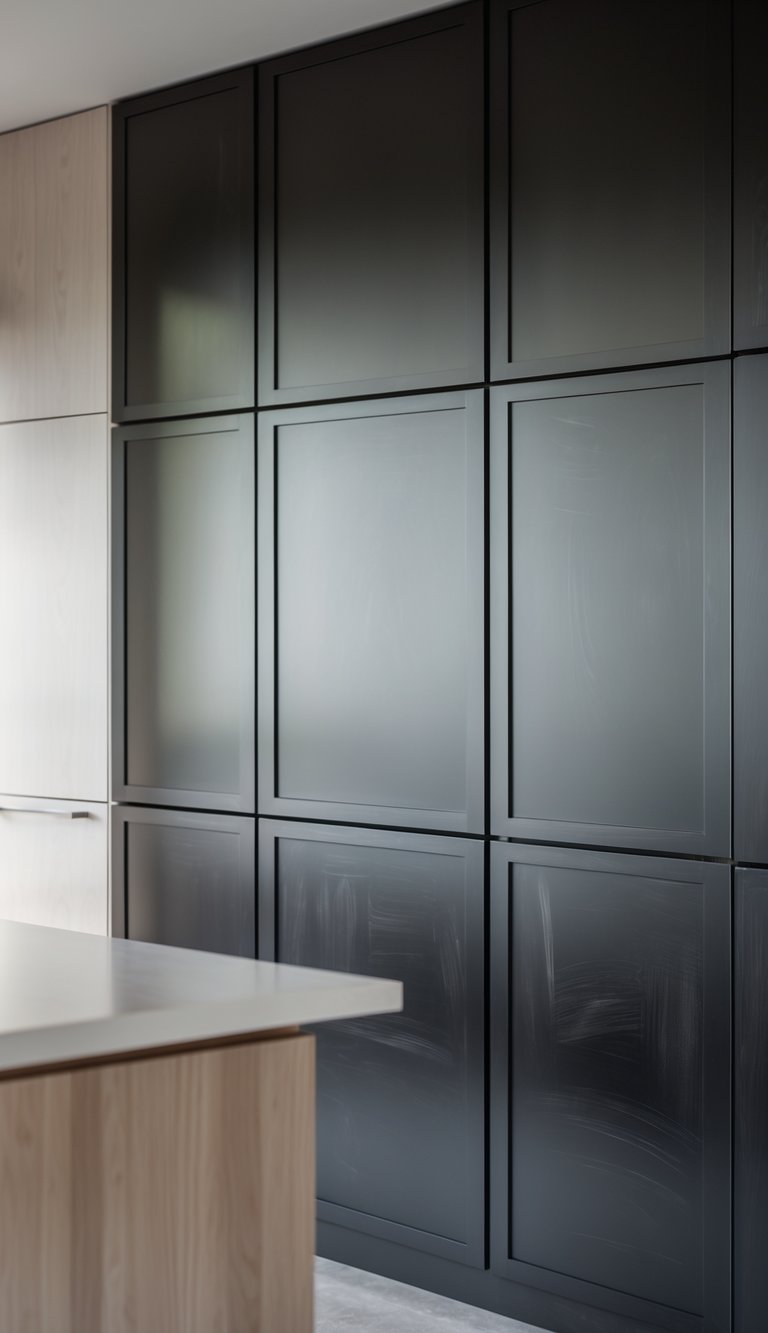 Close-up of kitchen cabinet doors with black chalkboard surfaces in a modern kitchen.