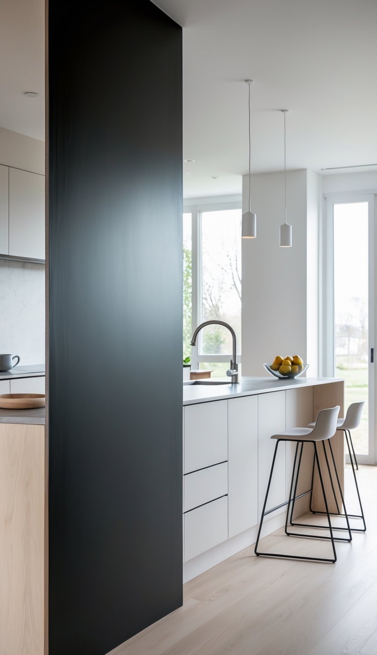 A modern kitchen with a kitchen island that has one side painted as a clean black chalkboard wall, surrounded by simple kitchen elements and natural light.