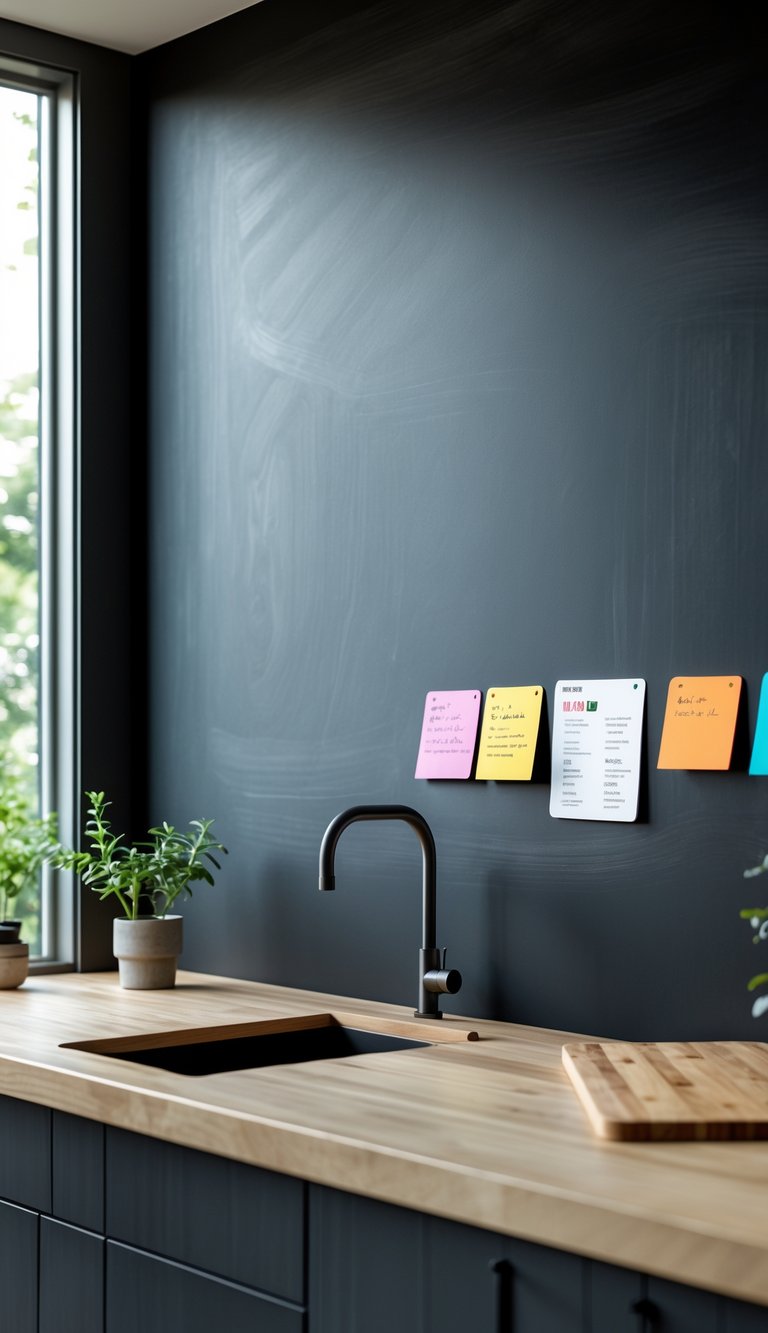A modern kitchen with a large black chalkboard wall featuring magnets holding recipe cards, a countertop with a potted herb plant and a wooden cutting board.