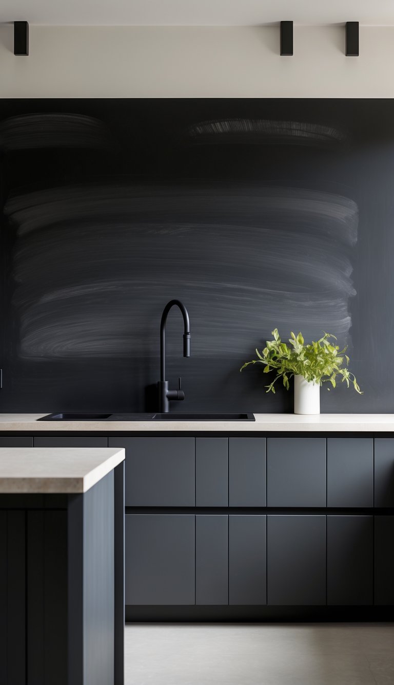 A clean kitchen with a dark chalkboard backsplash and black fixtures including a faucet and cabinet handles.