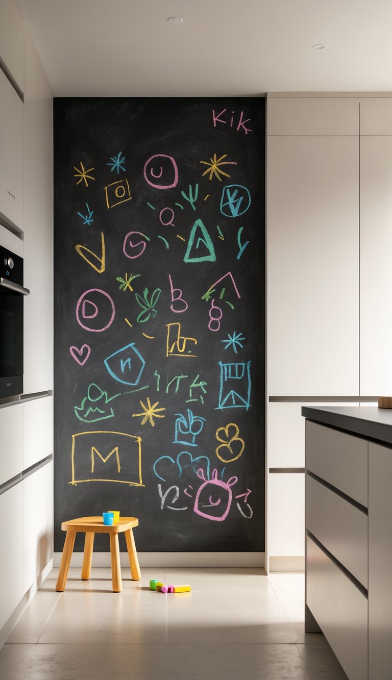 A kitchen corner with a chalkboard wall covered in colorful children's drawings, a small wooden stool, and chalk on the countertop.