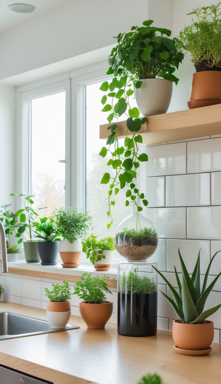 A bright kitchen countertop and windowsill displaying eleven different green plants in various pots and planters.