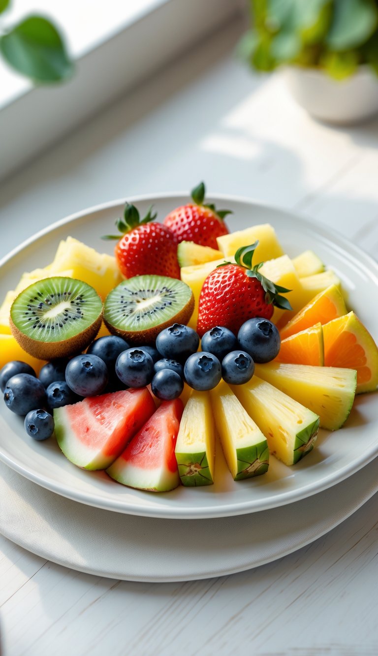 A single fruit platter with an assortment of fresh sliced fruits arranged neatly on a white plate.