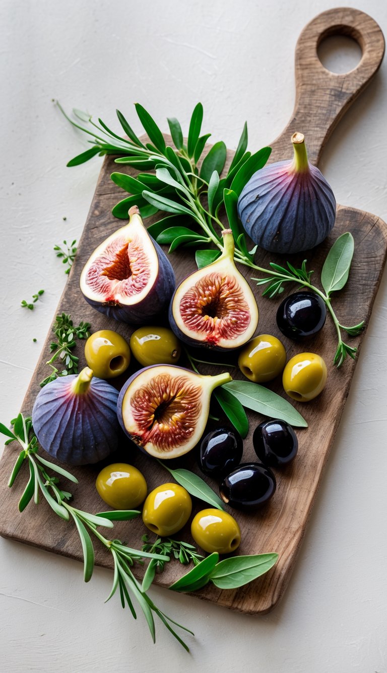 A wooden tray with fresh figs and green and black olives arranged neatly on a neutral background.