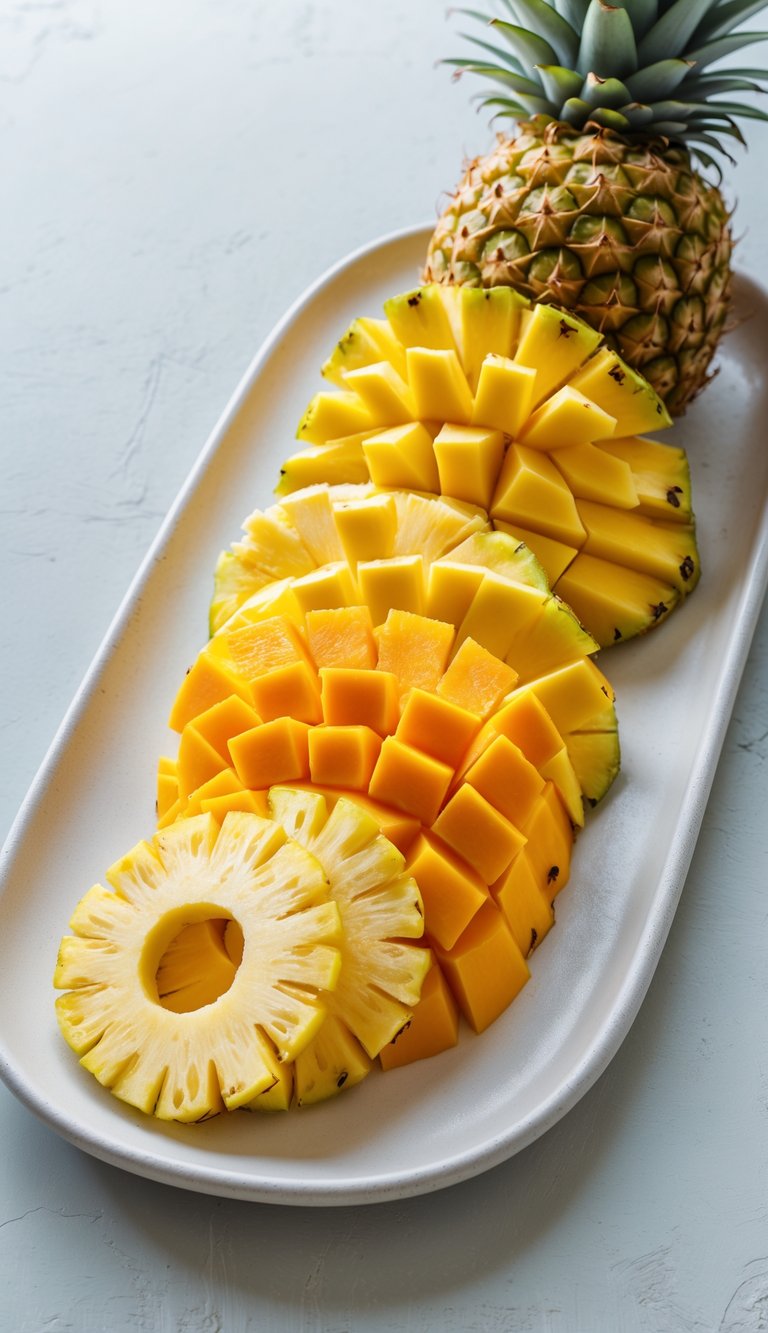 A tropical fruit platter with neatly arranged pineapple and mango slices on a white plate.