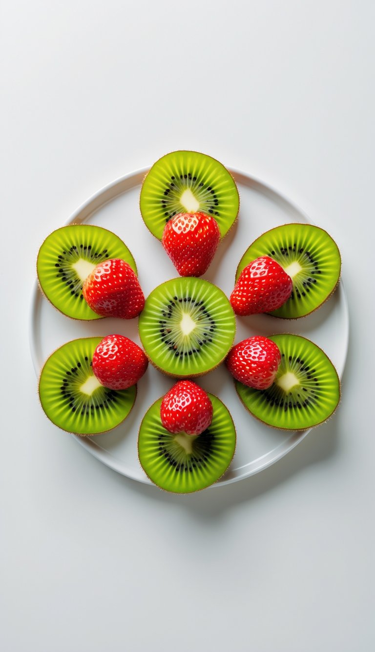 A fruit platter with kiwi and strawberry slices arranged in flower shapes on a white background.
