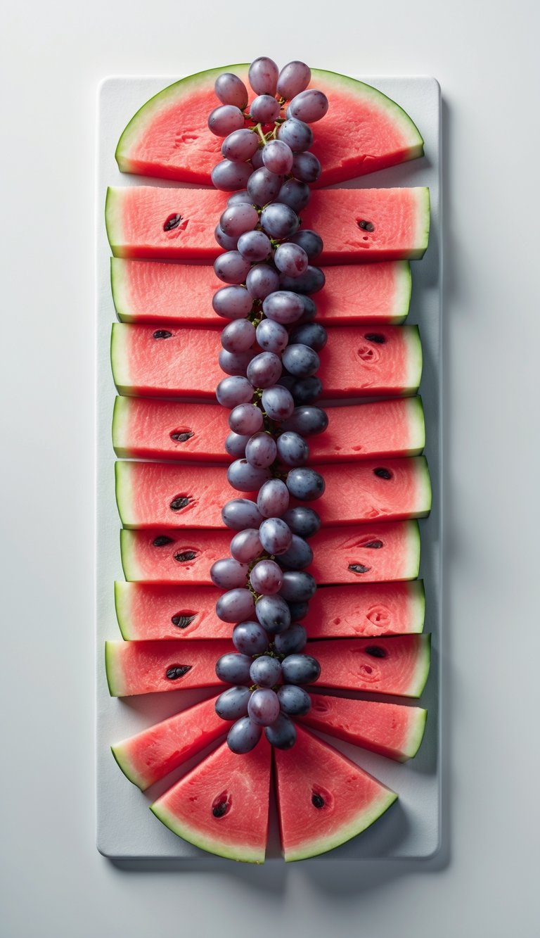 A fruit platter with rows of watermelon slices and purple grapes arranged neatly on a white surface.