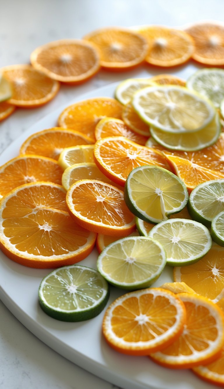 A circular fan arrangement of orange, lemon, and lime slices on a white surface.
