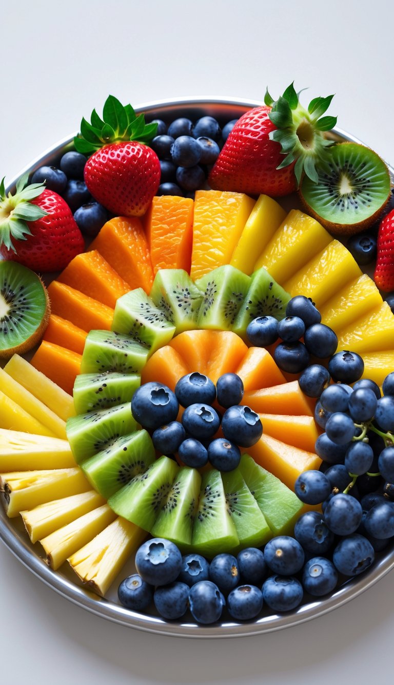 15 Fruit Platter Arrangements Ideas to Impress Your Guests Easily 2 A fruit platter arranged in a colorful spiral pattern with various fresh fruits on a white background.