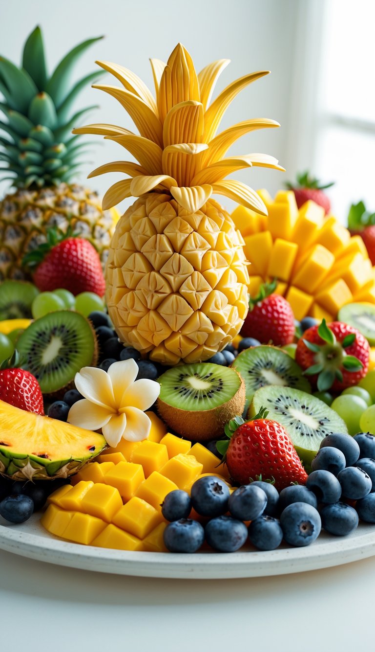 15 Fruit Platter Arrangements Ideas to Impress Your Guests Easily 3 A tropical fruit platter with pineapple flowers surrounded by sliced mango, kiwi, papaya, strawberries, blueberries, and grapes on a white background.