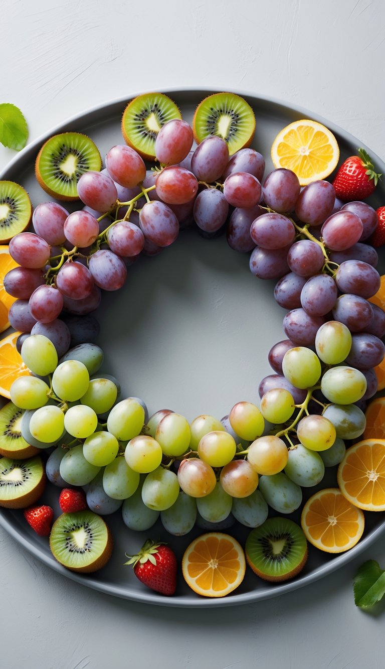 15 Fruit Platter Arrangements Ideas to Impress Your Guests Easily 4 A circular fruit tray featuring a wreath made of green and purple grapes, surrounded by slices of kiwi, strawberries, and citrus on a clean background.