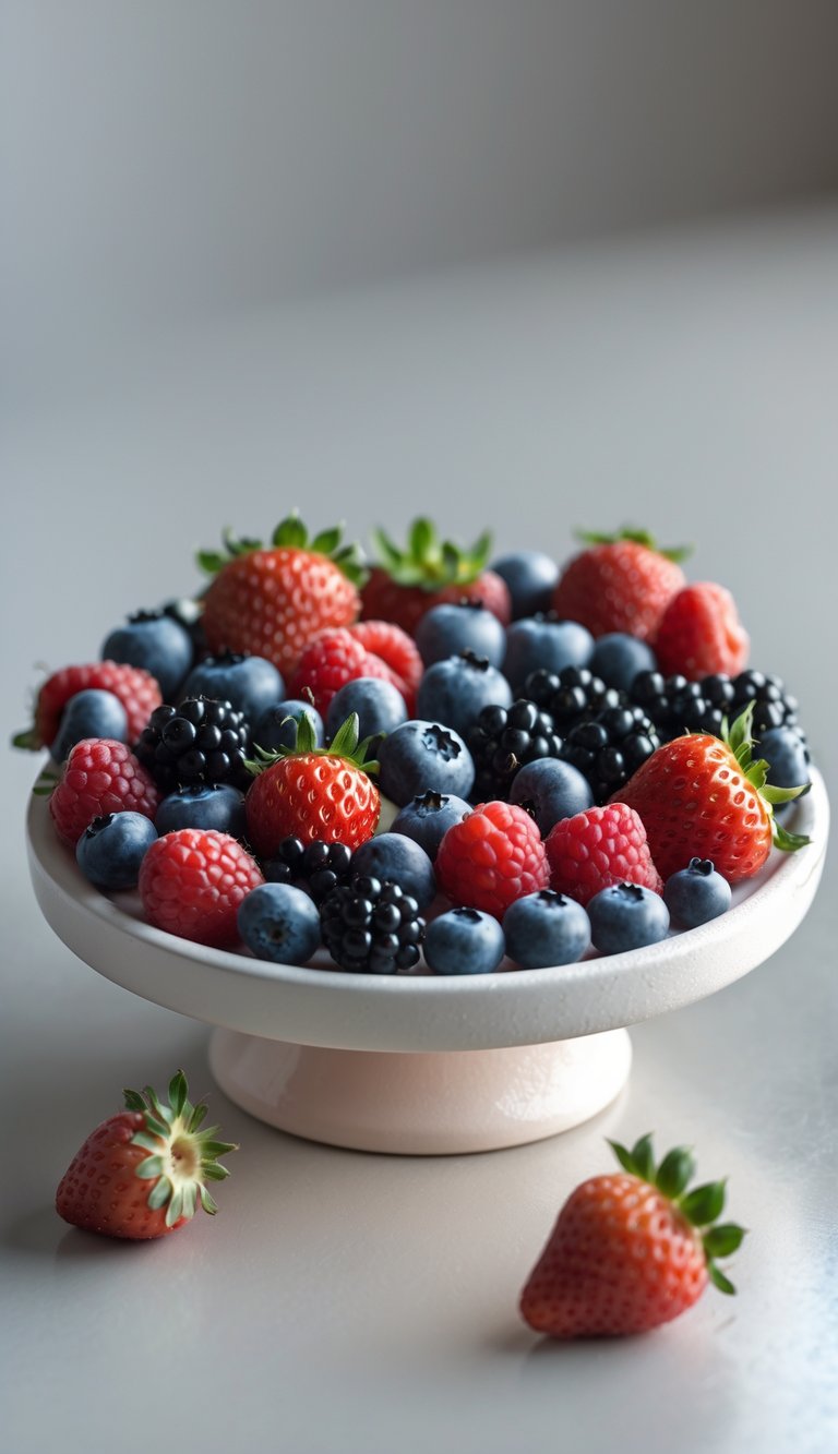 15 Fruit Platter Arrangements Ideas to Impress Your Guests Easily 5 A white platter filled with an assortment of fresh strawberries, blueberries, raspberries, and blackberries on a neutral surface.