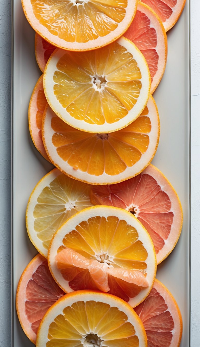 15 Fruit Platter Arrangements Ideas to Impress Your Guests Easily 6 Close-up of a fruit platter with neatly arranged orange and grapefruit slices on a white background.