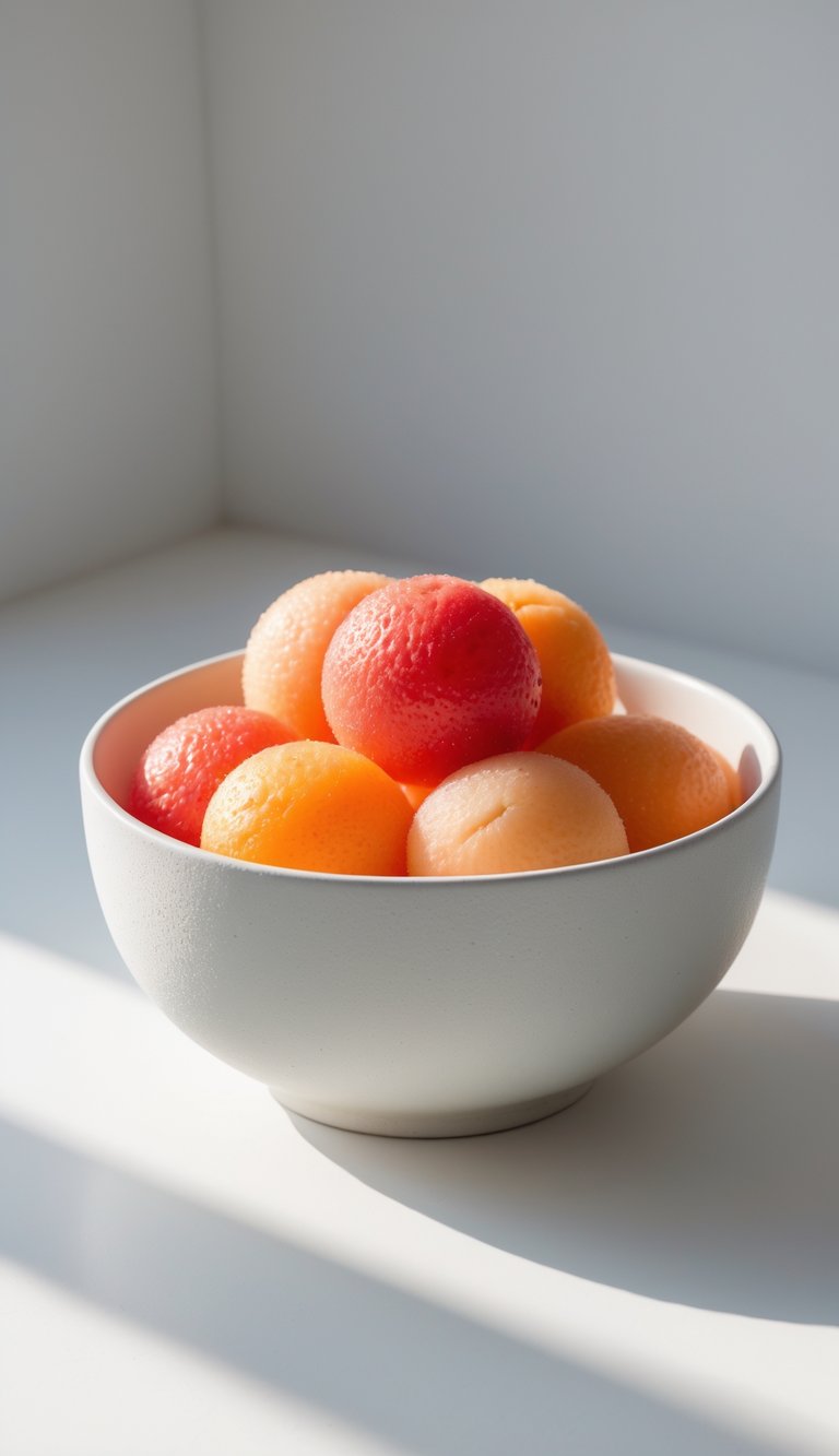 15 Fruit Platter Arrangements Ideas to Impress Your Guests Easily 7 A white bowl filled with red watermelon and orange cantaloupe melon balls on a white surface.