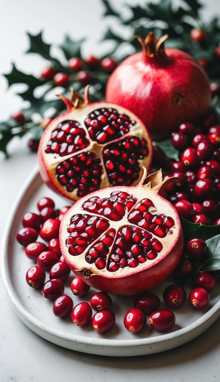 15 Fruit Platter Arrangements Ideas to Impress Your Guests Easily 8 A holiday fruit platter with pomegranates and cranberries arranged on a white plate.