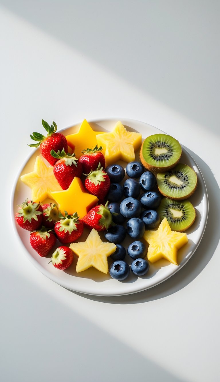 15 Fruit Platter Arrangements Ideas to Impress Your Guests Easily 9 A fruit platter with strawberries, kiwi, blueberries, and pineapple cut into star and heart shapes arranged on a white plate.