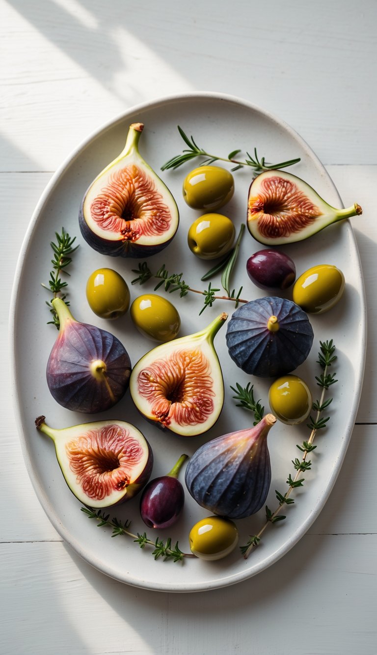 15 Fruit Platter Arrangements Ideas to Impress Your Guests Easily 10 A Mediterranean style fruit platter with fresh figs, green and black olives, and sprigs of herbs on a white plate placed on a light wooden surface.
