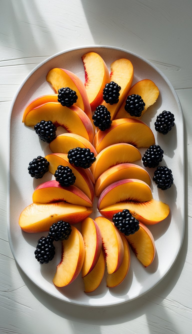 15 Fruit Platter Arrangements Ideas to Impress Your Guests Easily 11 A fruit platter with thinly sliced peaches arranged in a fan shape and fresh blackberries on a white plate.