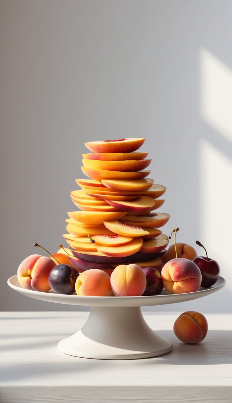 15 Fruit Platter Arrangements Ideas to Impress Your Guests Easily 12 A white plate with a layered arrangement of sliced peaches, nectarines, plums, and cherries on a light wooden surface.