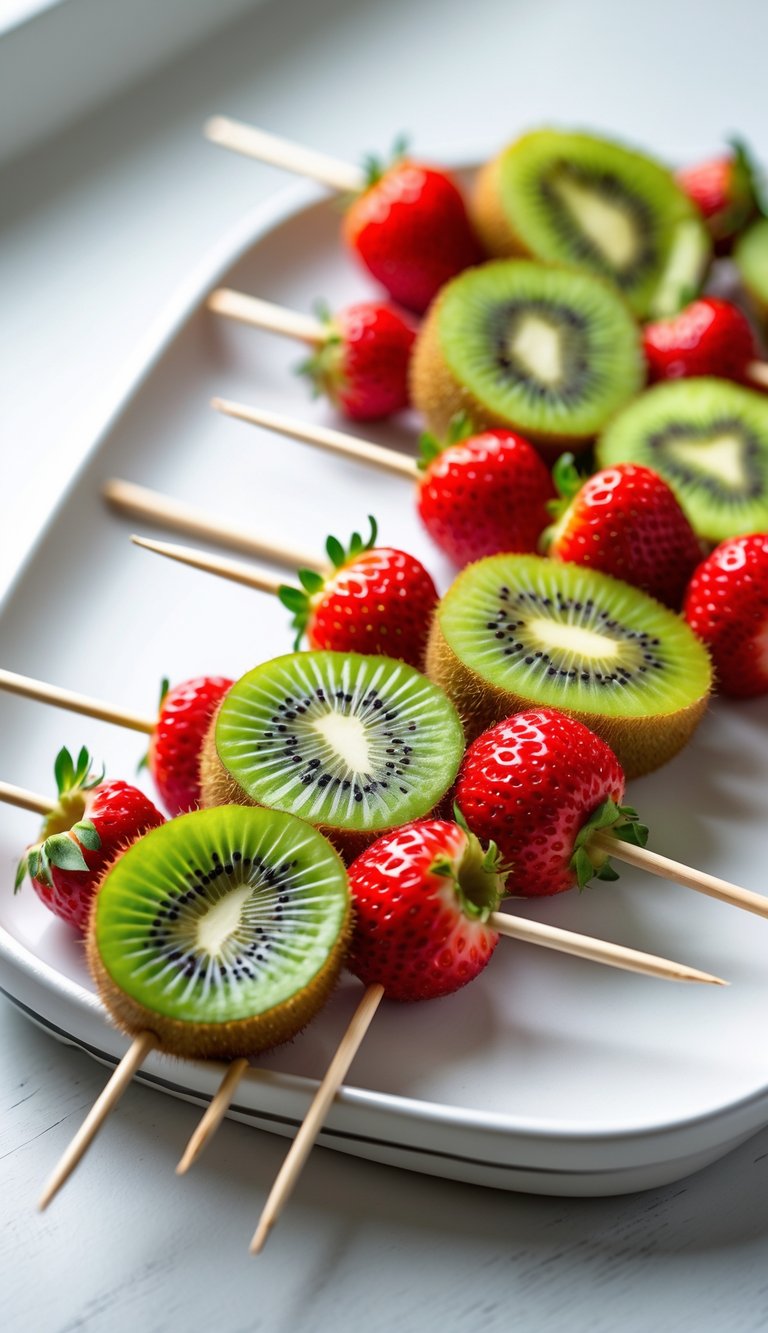 15 Fruit Platter Arrangements Ideas to Impress Your Guests Easily 13 Close-up of skewered fruit kabobs with slices of kiwi and strawberries arranged on a white platter.