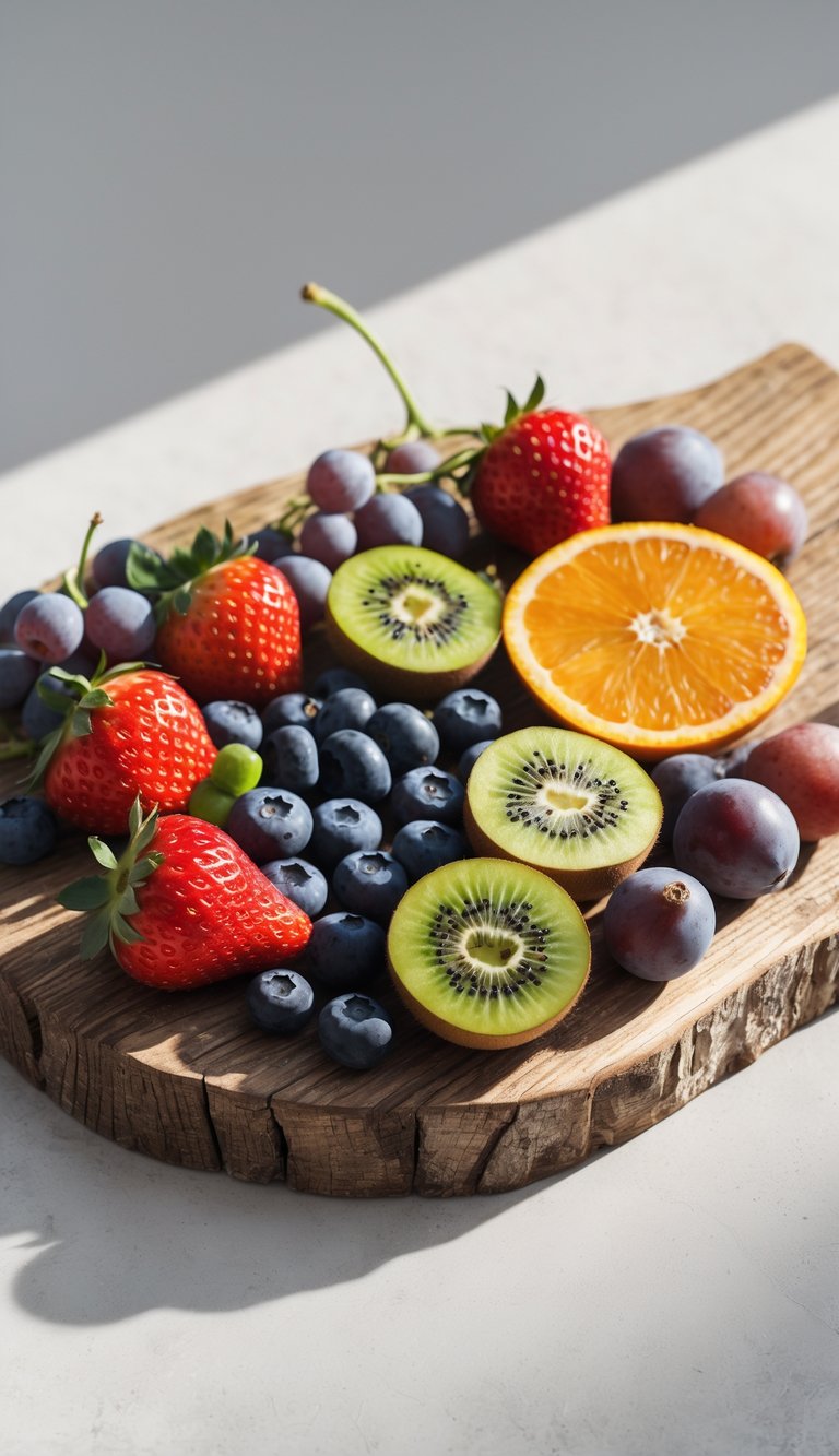 15 Fruit Platter Arrangements Ideas to Impress Your Guests Easily 14 A rustic wooden board displaying an assortment of fresh seasonal fruits including strawberries, blueberries, kiwis, oranges, grapes, and figs.