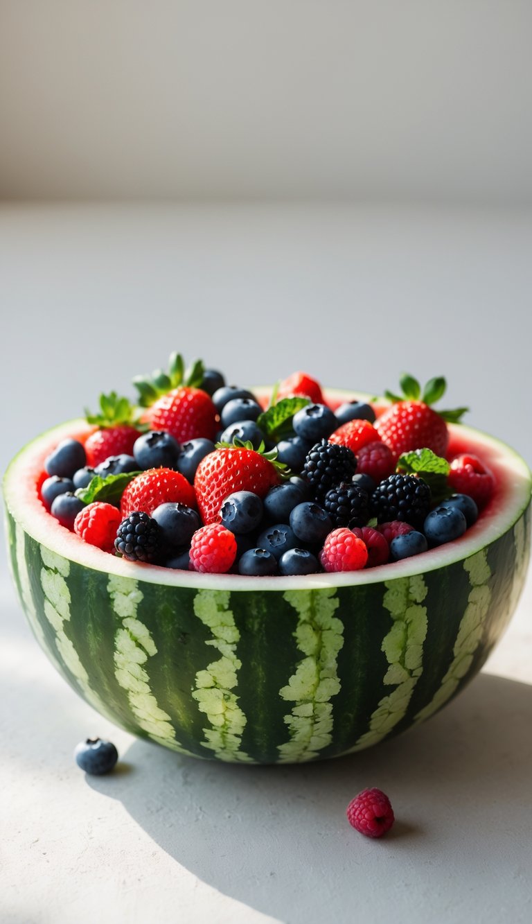15 Fruit Platter Arrangements Ideas to Impress Your Guests Easily 15 A carved watermelon basket filled with mixed berries including strawberries, blueberries, raspberries, and blackberries on a plain background.