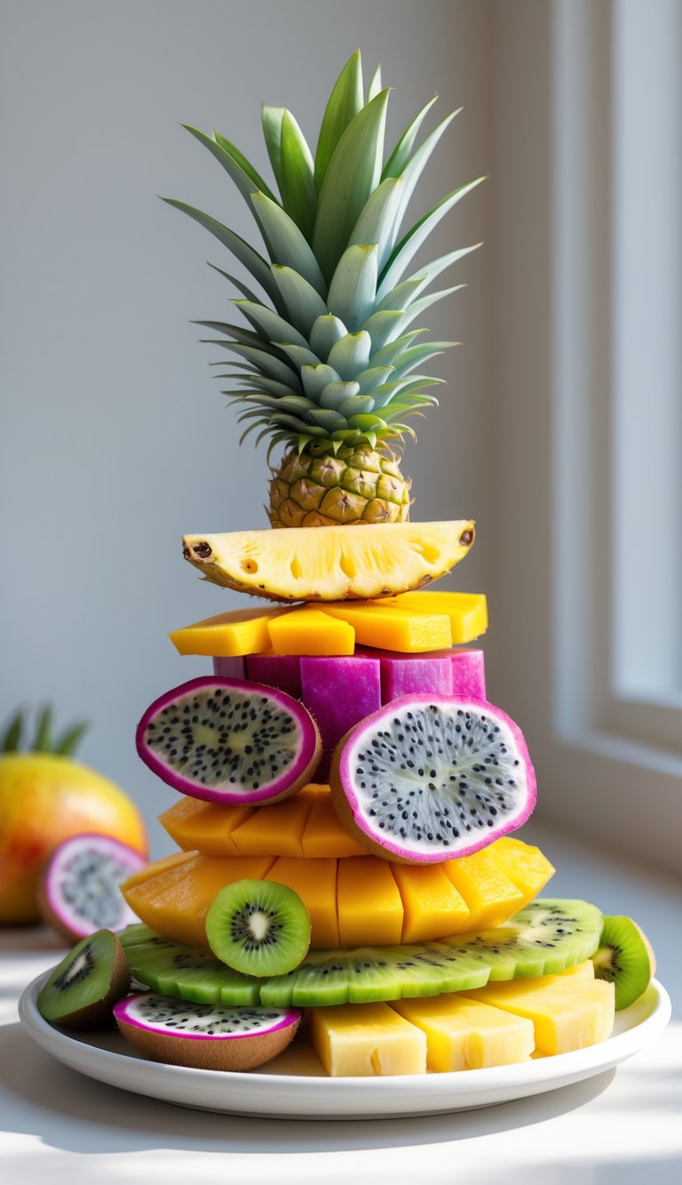 15 Fruit Platter Arrangements Ideas to Impress Your Guests Easily 16 A layered tropical fruit platter with slices of pineapple, kiwi, mango, dragon fruit, passion fruit, and papaya arranged on a white plate.