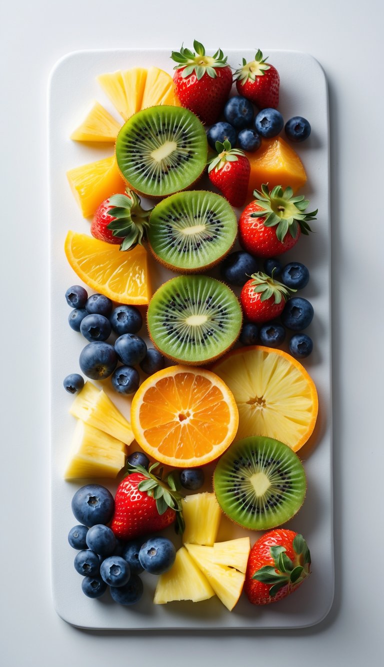 15 Fruit Platter Arrangements Ideas to Impress Your Guests Easily 17 A neatly arranged fruit platter with a variety of fresh sliced fruits on a white surface.