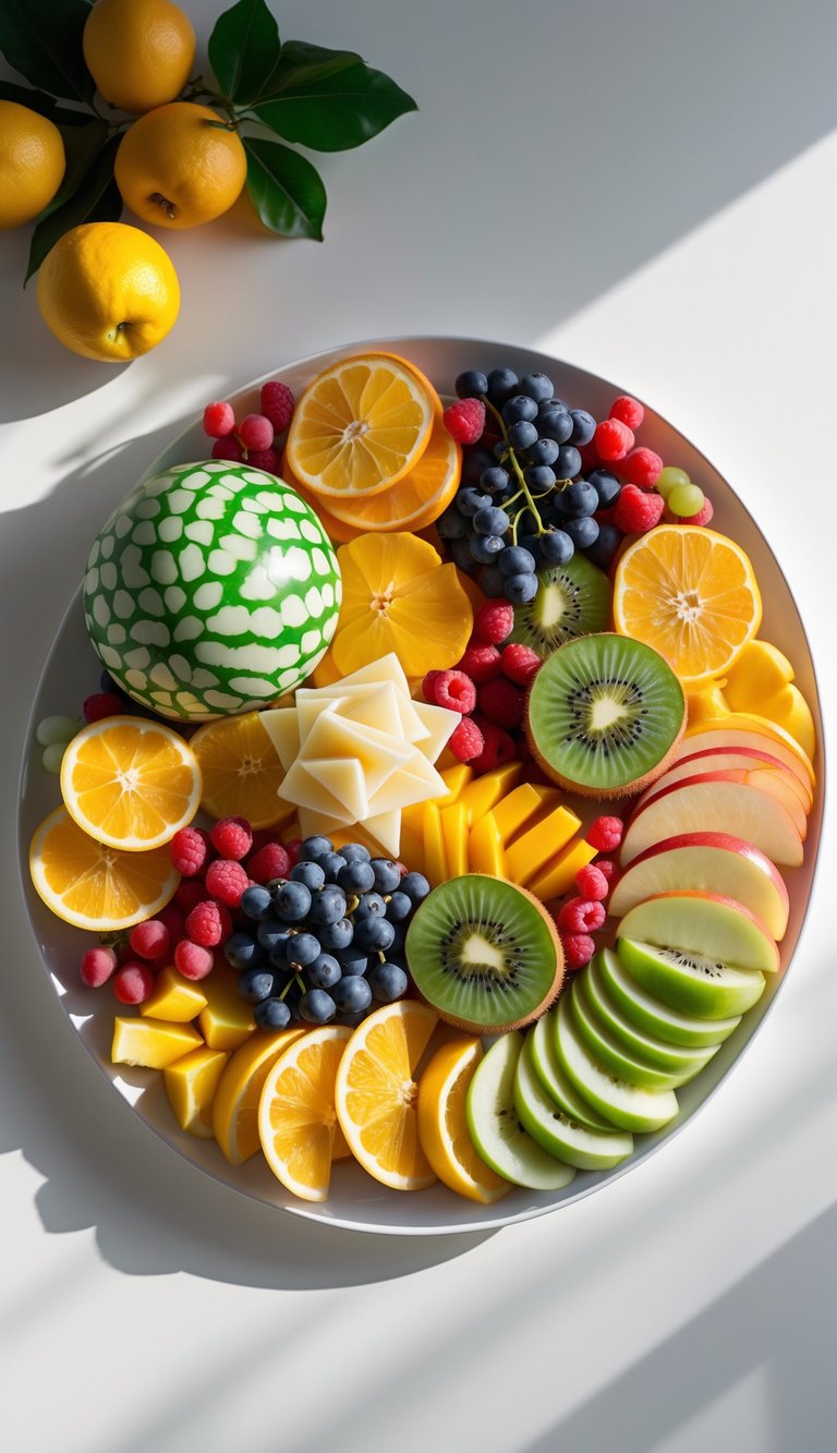 A single white plate with an artfully arranged fruit platter featuring a variety of fresh sliced and whole fruits on a white background.