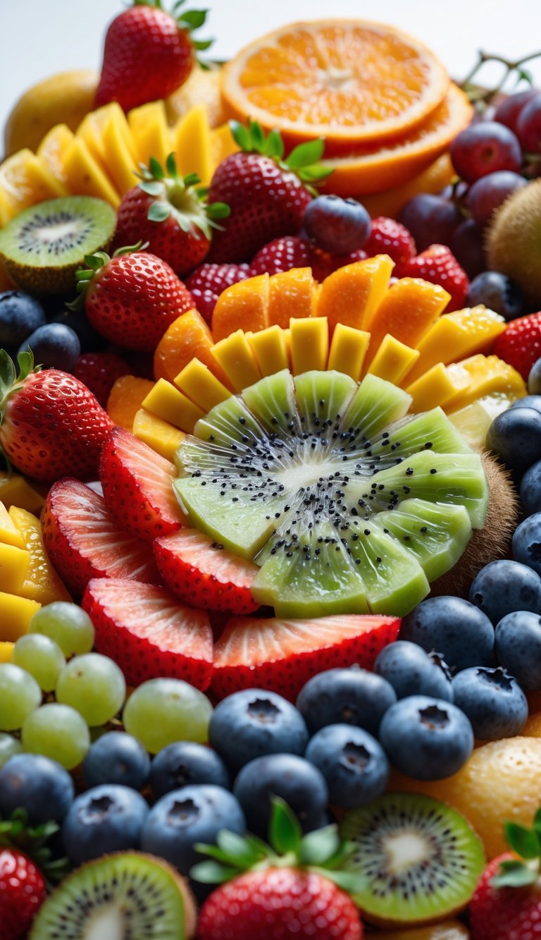 A fruit platter arranged in a spiral pattern with a variety of colorful fresh fruits including strawberries, oranges, mango, kiwi, blueberries, and grapes on a white background.