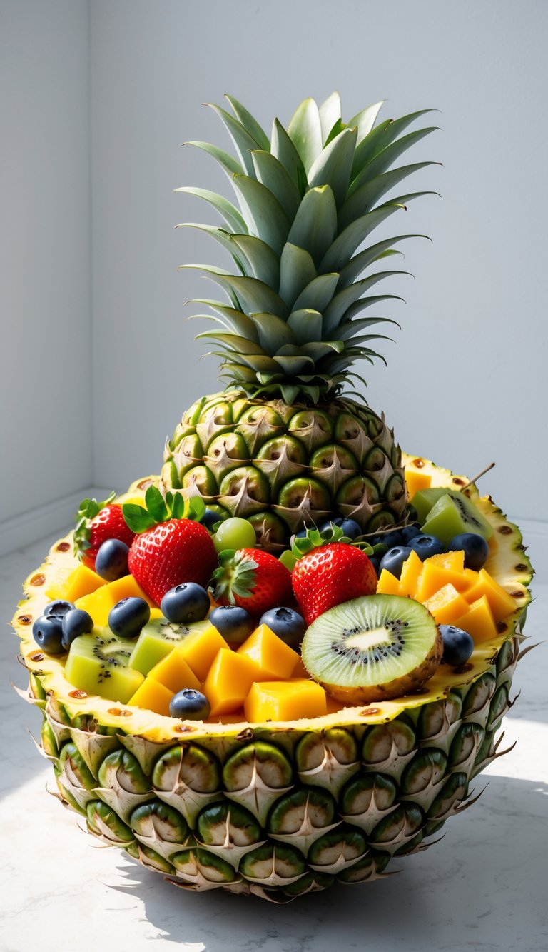 A hollowed pineapple filled with an assortment of fresh tropical fruits arranged on a white background.