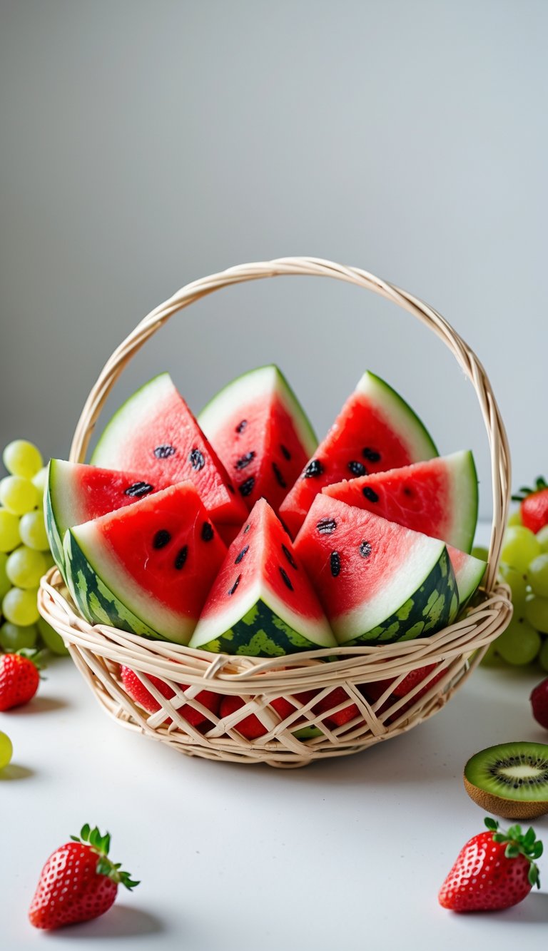 A basket filled with sliced watermelon surrounded by grapes, kiwi slices, and strawberries on a white surface.