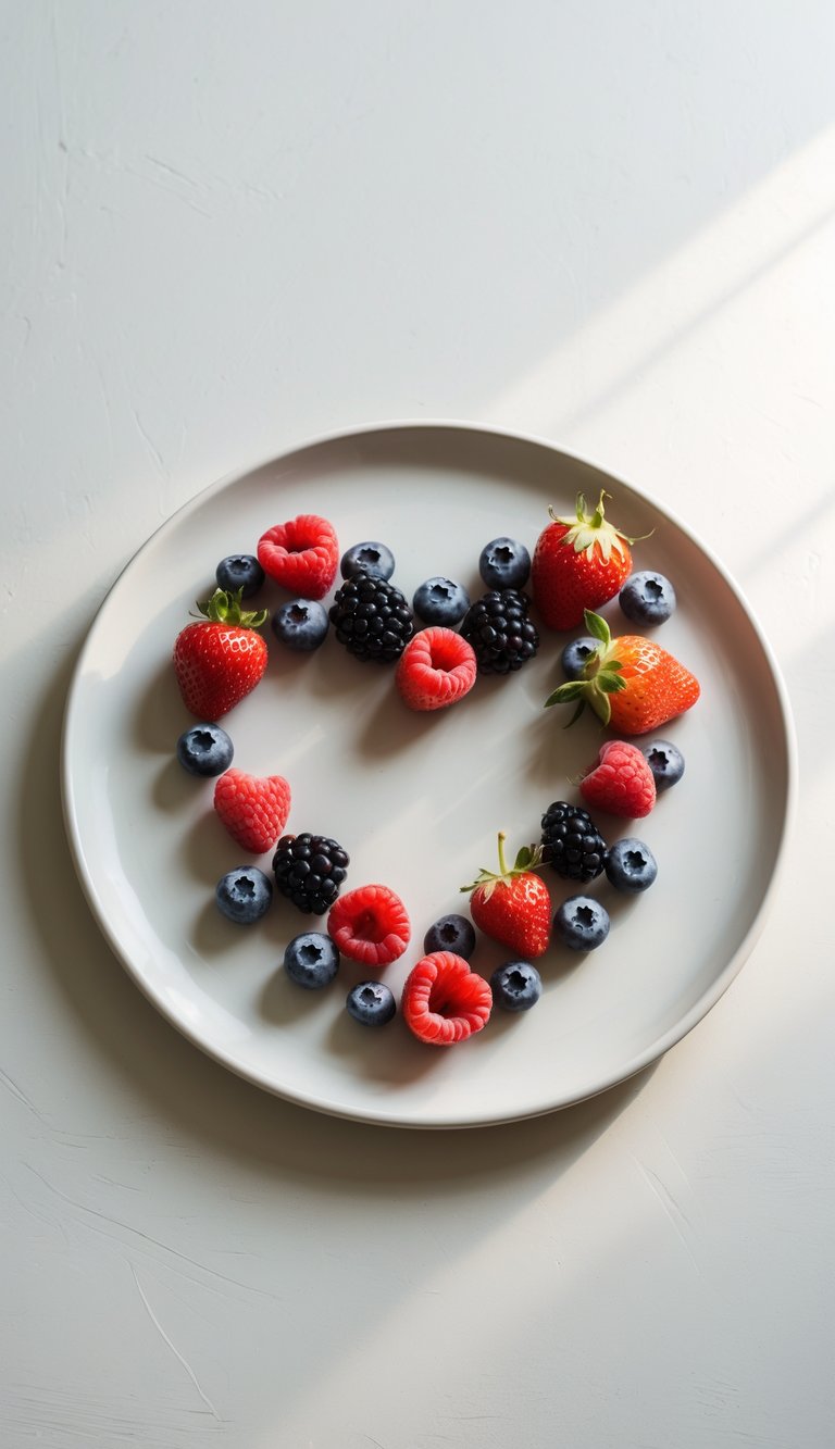 A heart-shaped arrangement of fresh berries on a white plate.